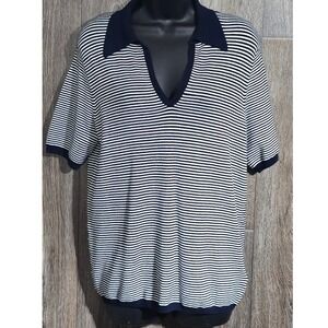 Philosophy Republic Clothing Striped Knit Top Navy Blue V Neck Short Sleeve Sz M